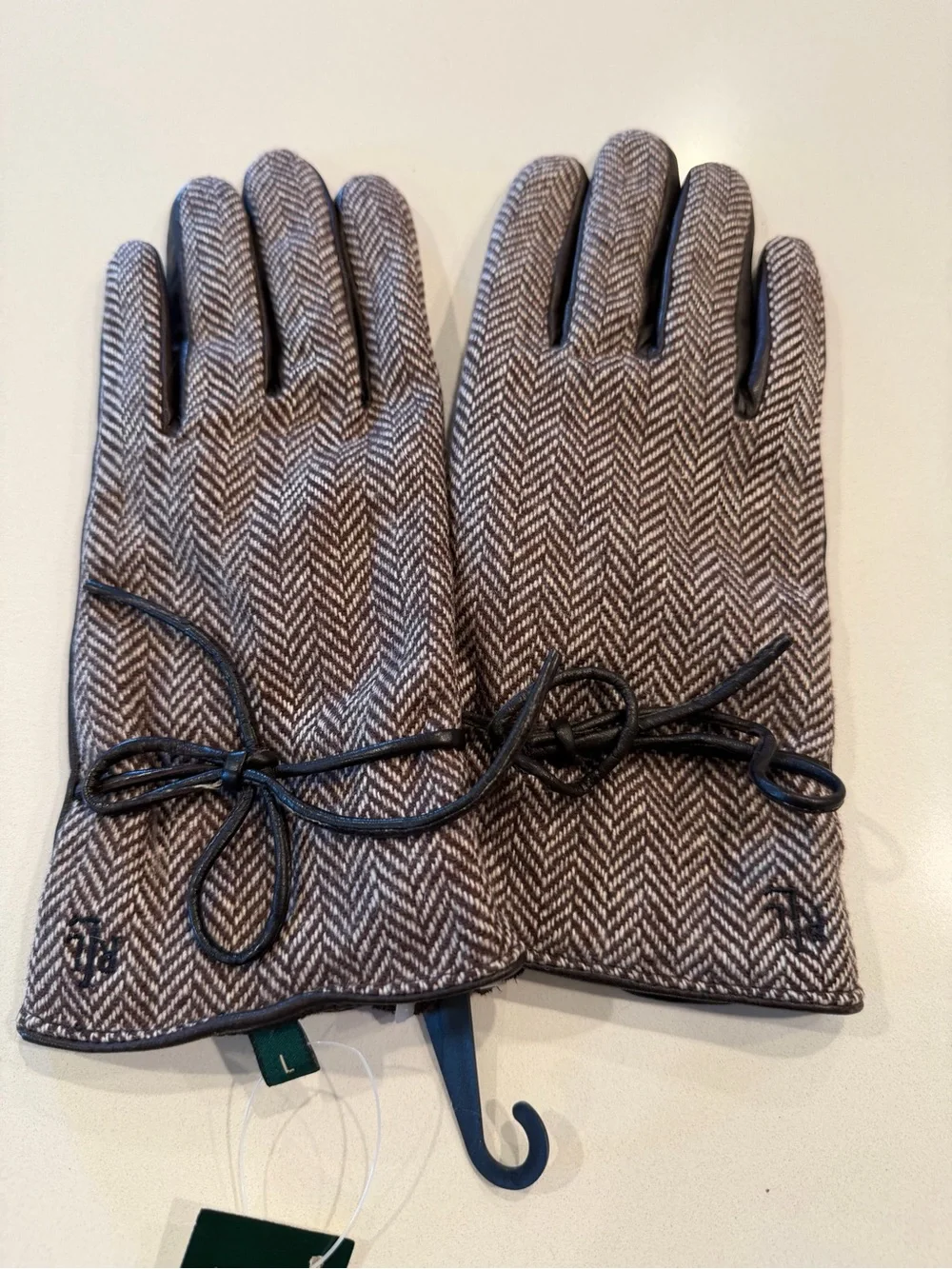Lauren Ralph Lauren Herringbone Wool Gloves with Black Leather‎ Trim